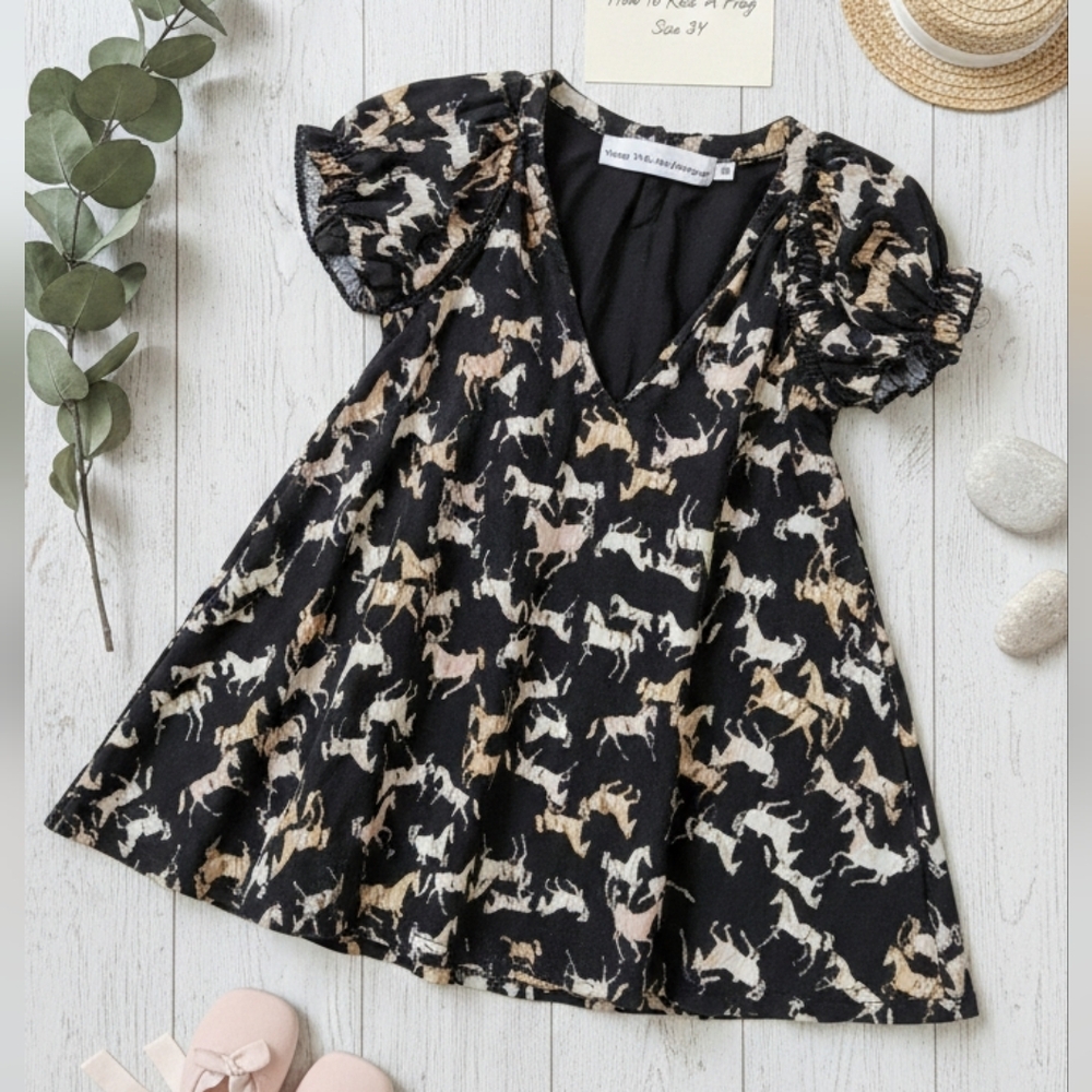 How To‎ Kiss A Frog Stockholm Girls Dress 3Y Black Horse Print Ruffle Boutique